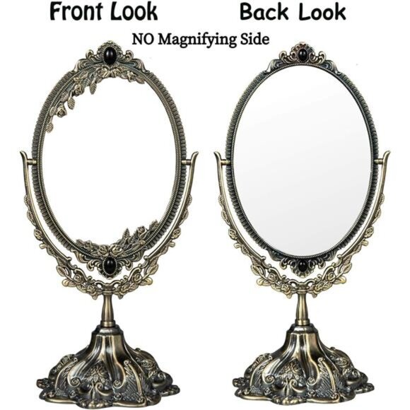 Small Metal Vintage Makeup Mirror Floral Tabletop Oval Vanity Swivel Double Side - Picture 4 of 7